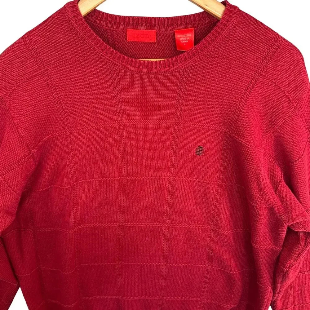 Izod Vintage Red Textured Windowpane Check Pattern Cotton Crewneck Sweater Men L